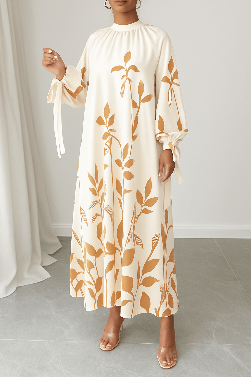 Flowy Long Sleeve Maxi Dress with Leaf Print