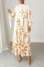 Flowy Long Sleeve Maxi Dress with Leaf Print
