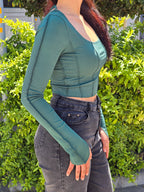 Square Neck Patchwork Long Sleeve Rib Knit Crop Top