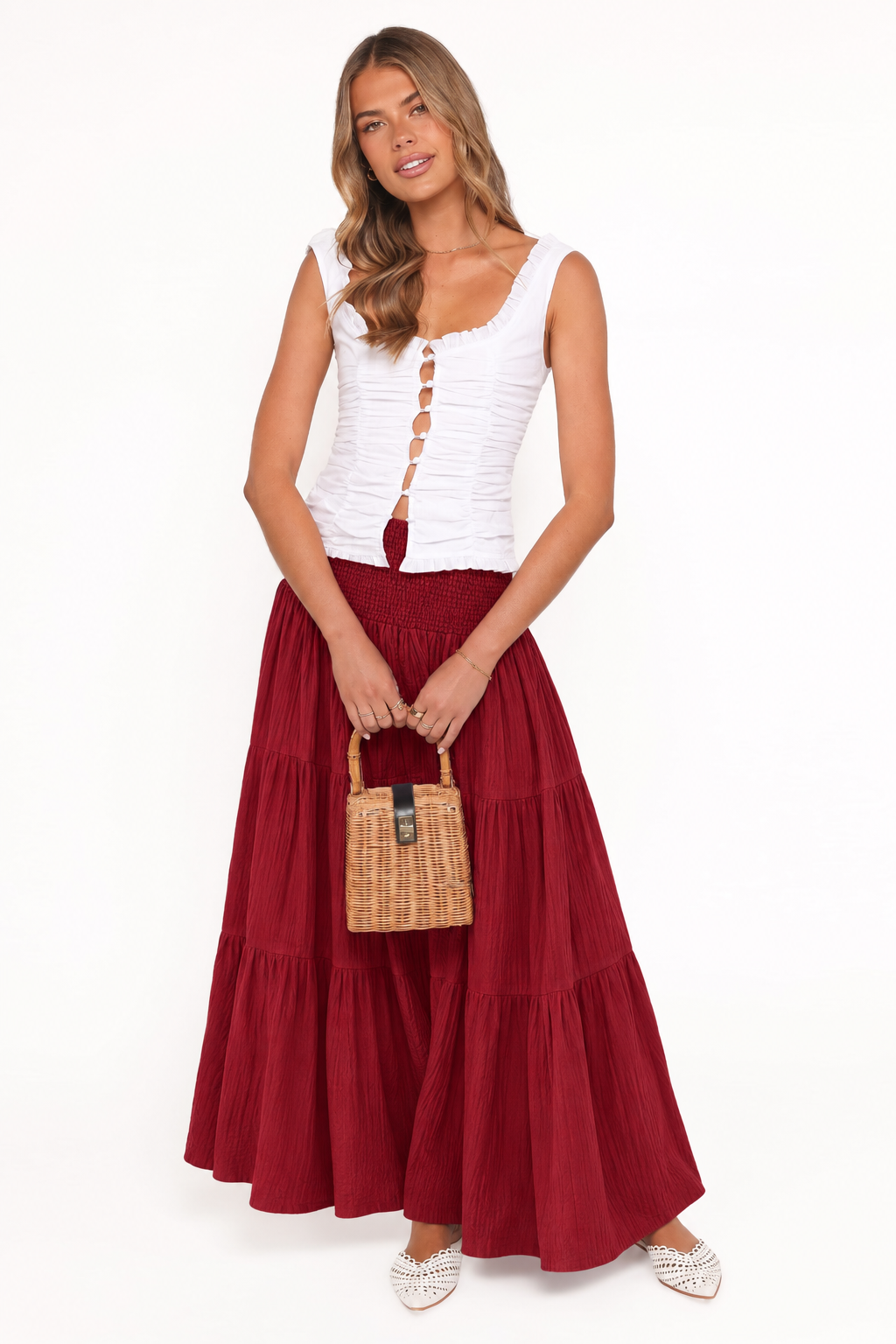 Smocked-Waist Tiered Maxi Skirt