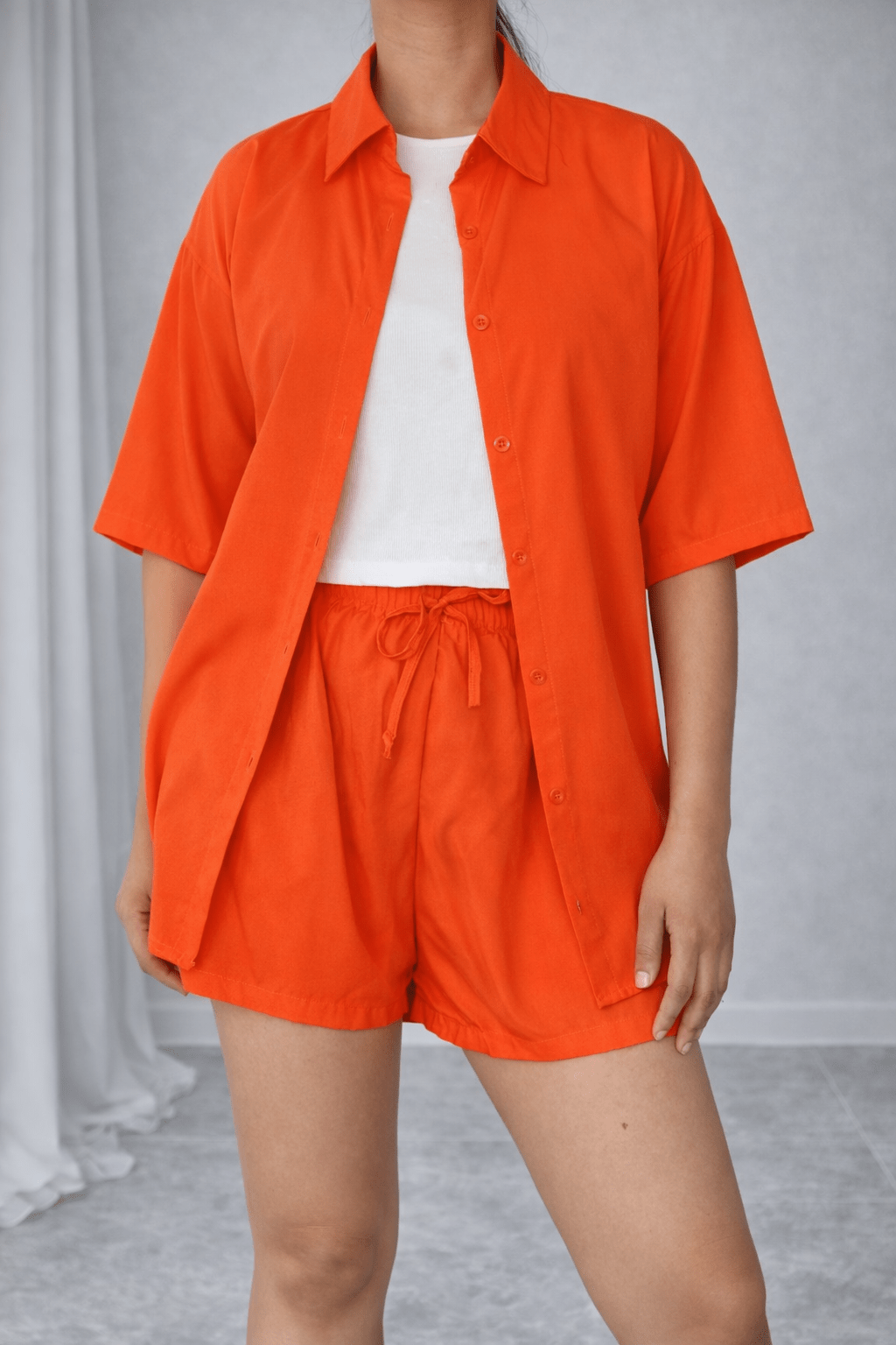 Two-Piece Button-Up Shirt & High-Waist Shorts Set