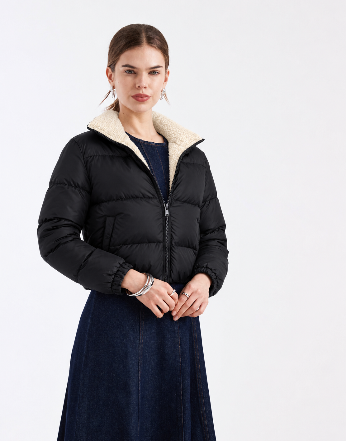 Fleece Lined Puffer Jacket – Cropped Warm Zip Winter Coat