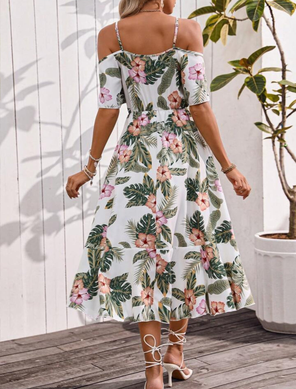 Tropical Floral Shoulder Cutout Midi Dress