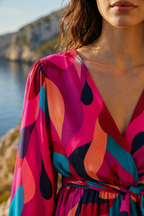 Vibrant Abstract Belted Puff Sleeve Dress