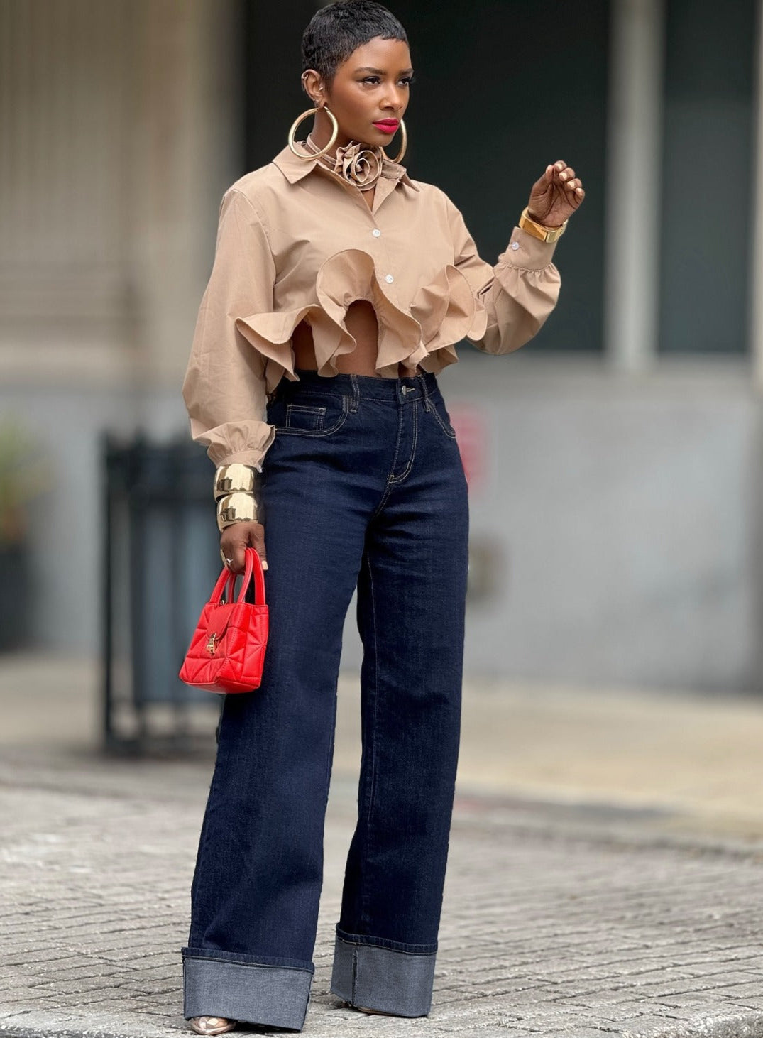 High-Waist Wide Leg Turn-Up Hem Jeans - FA-4394
