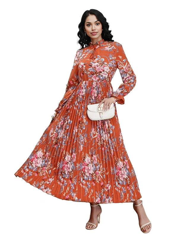 Elegant Floral Modest Pleated Maxi Dress