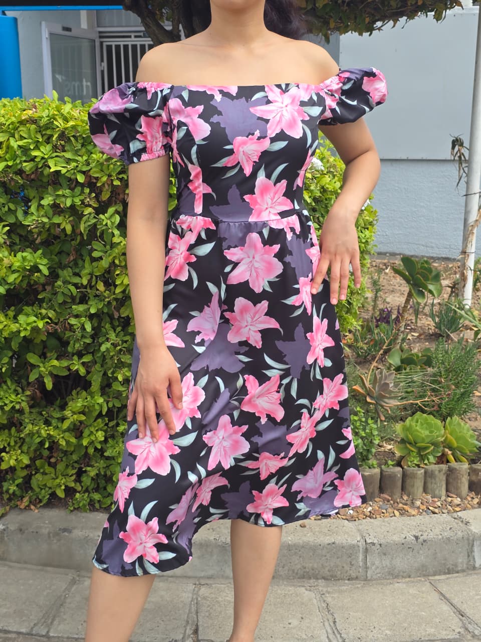 Floral Puff-Sleeve A-Line Midi Dress