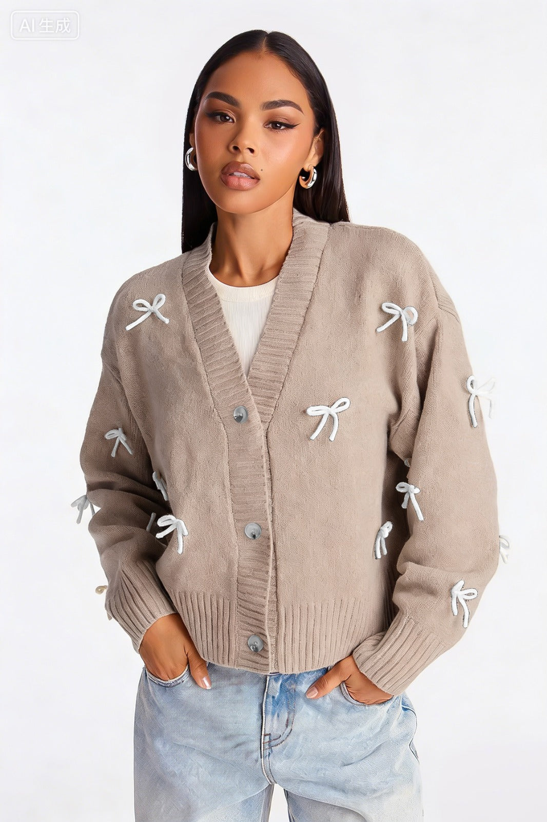 Bow Detail Button Knit Cardigan for Women