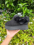 Women’s Black Fur Slip-On Winter Shoes – Warm Platform Casual Slippers