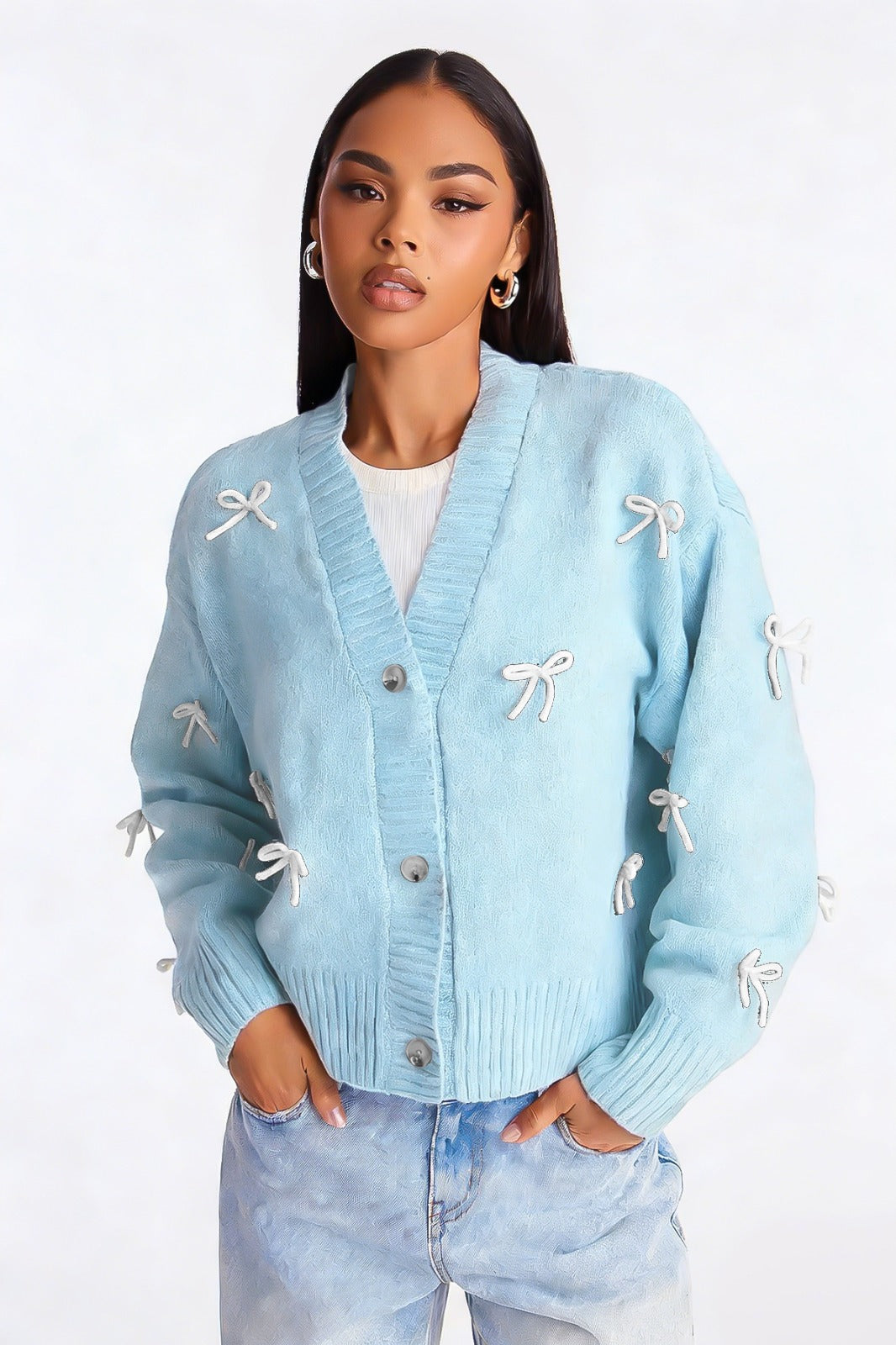 Bow Detail Button Knit Cardigan for Women