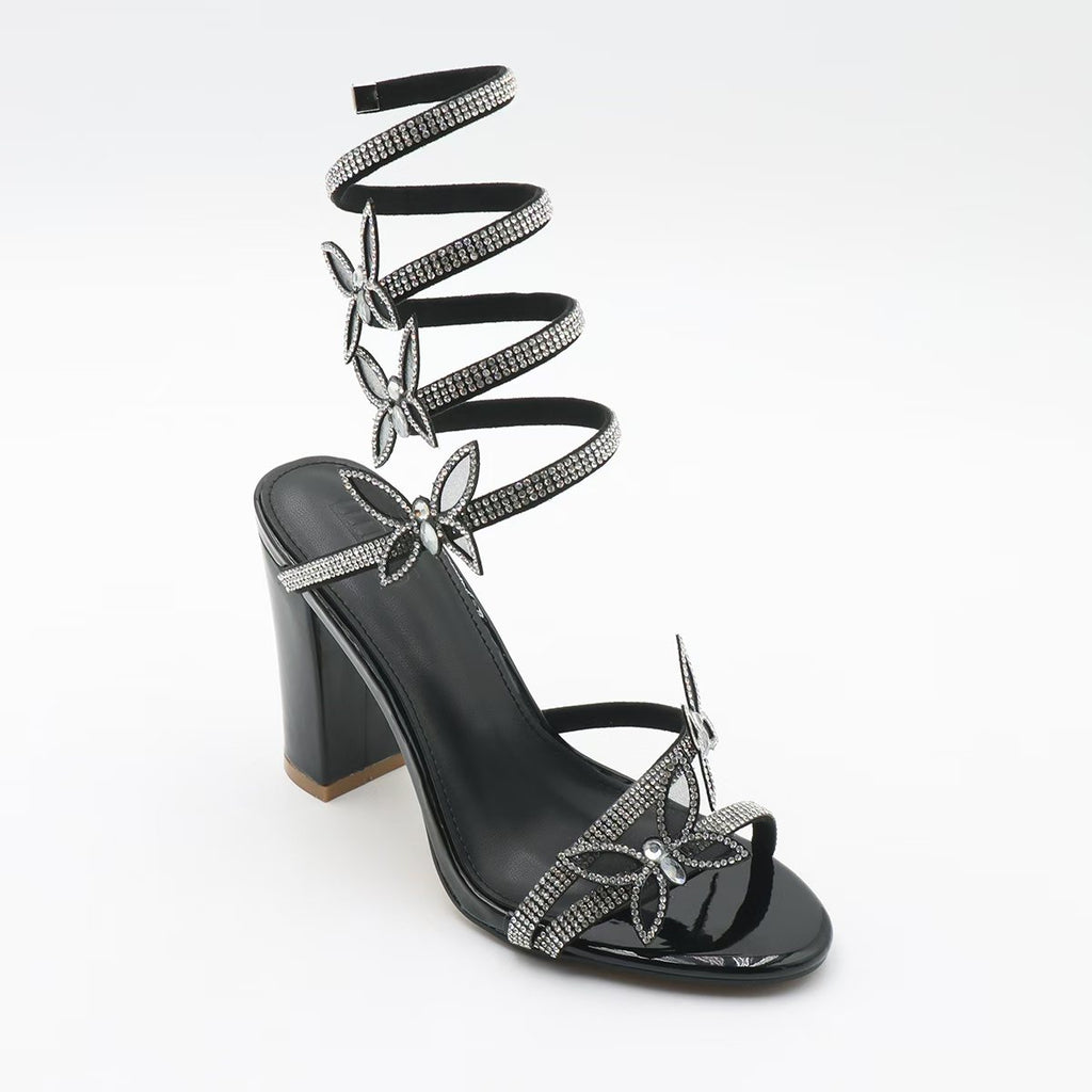 Butterfly Crystal Wrap Heels – Strappy Glam Party Sandals
