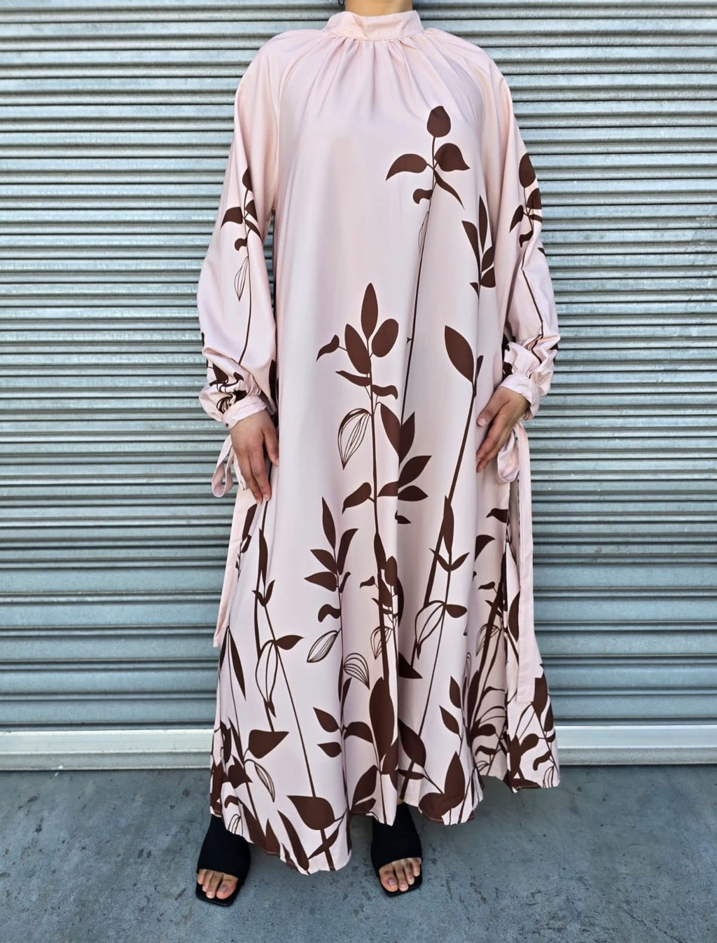 Flowy Long Sleeve Maxi Dress with Leaf Print