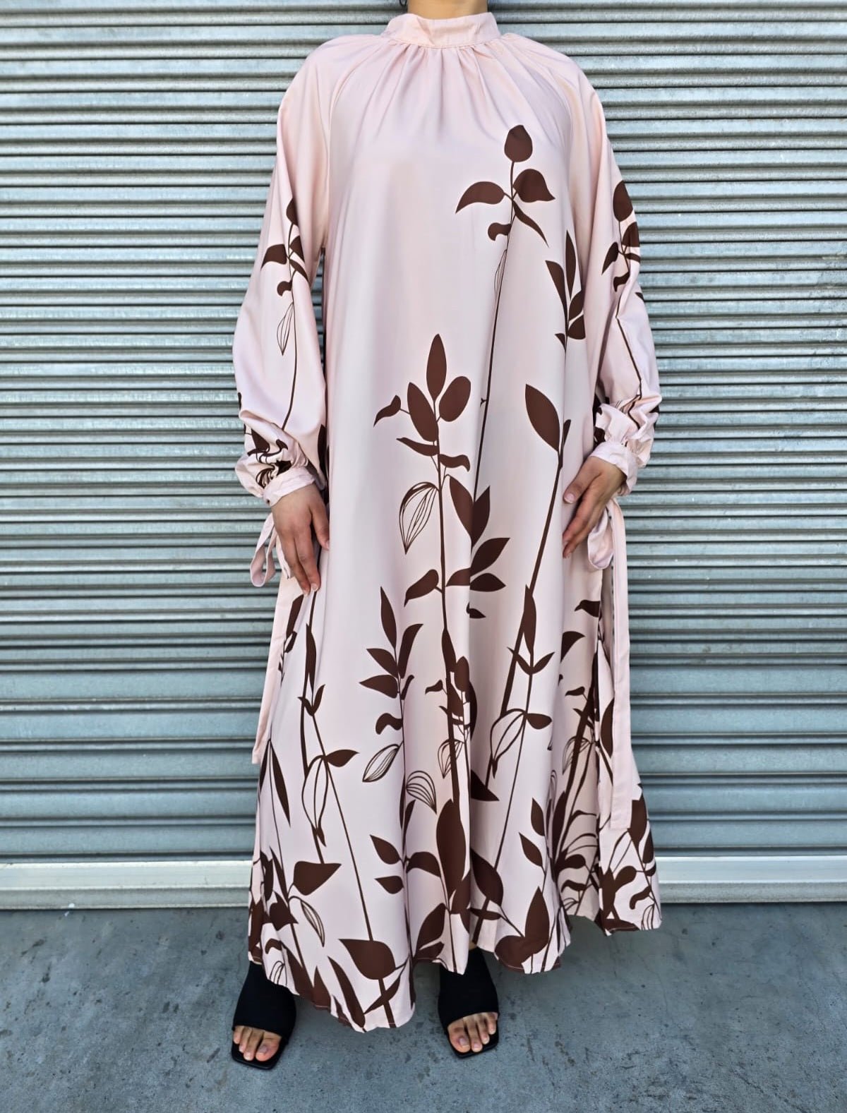 Flowy Long Sleeve Maxi Dress with Leaf Print