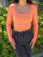 Square Neck Patchwork Long Sleeve Rib Knit Crop Top
