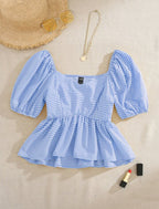 Puff Sleeve Gingham Top – Square Neck Peplum Blouse