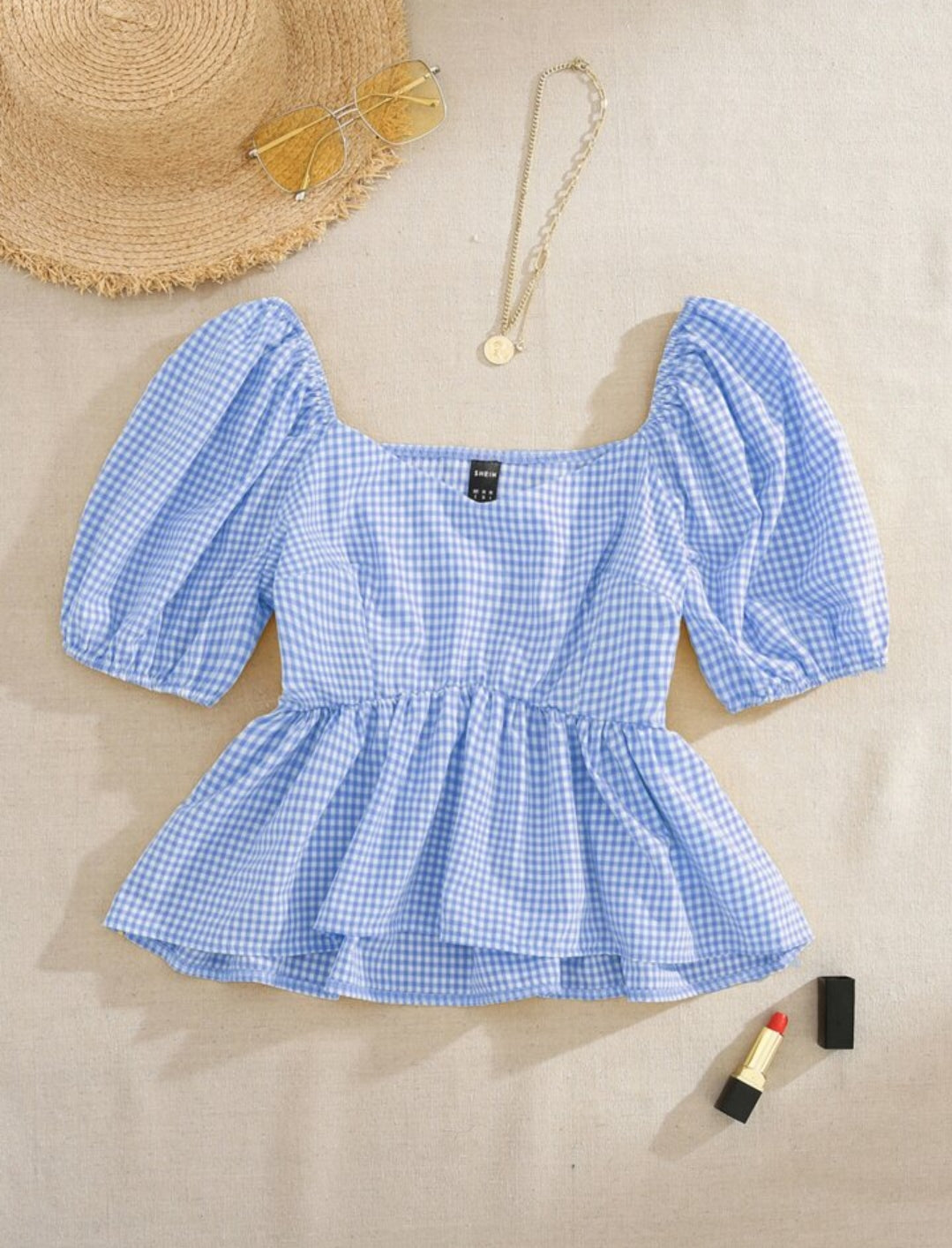 Puff Sleeve Gingham Top – Square Neck Peplum Blouse