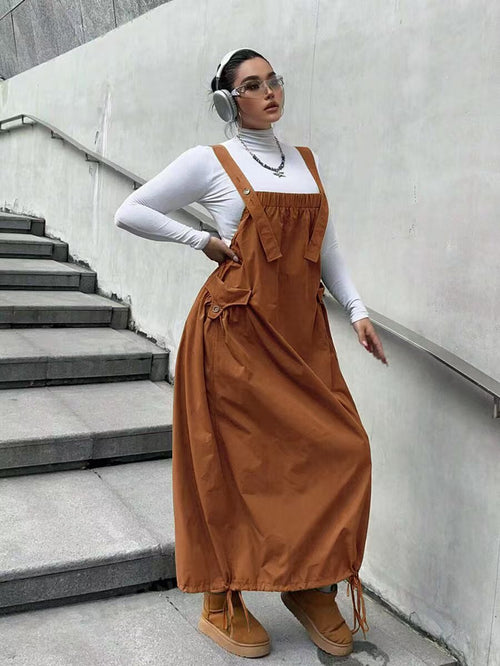 Utility Pocket Drawstring Hem Pinafore Dress – Adjustable Strap Design