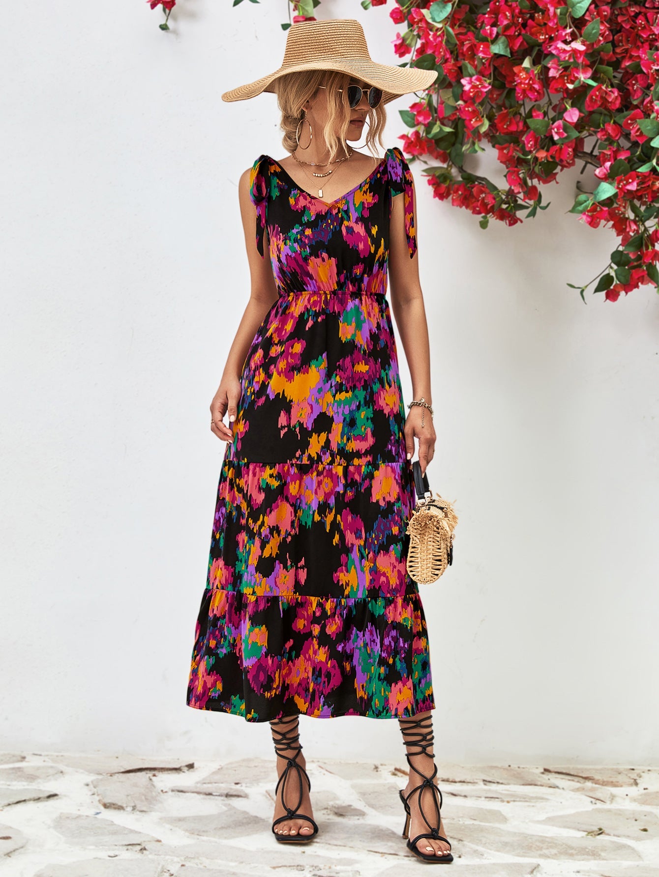 Bold Bloom Open-Back Tiered Maxi Dress