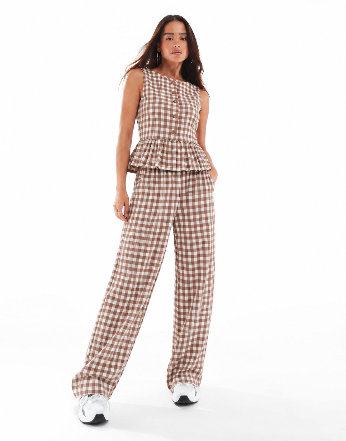 Checked Peplum Wide-Leg Trouser Set