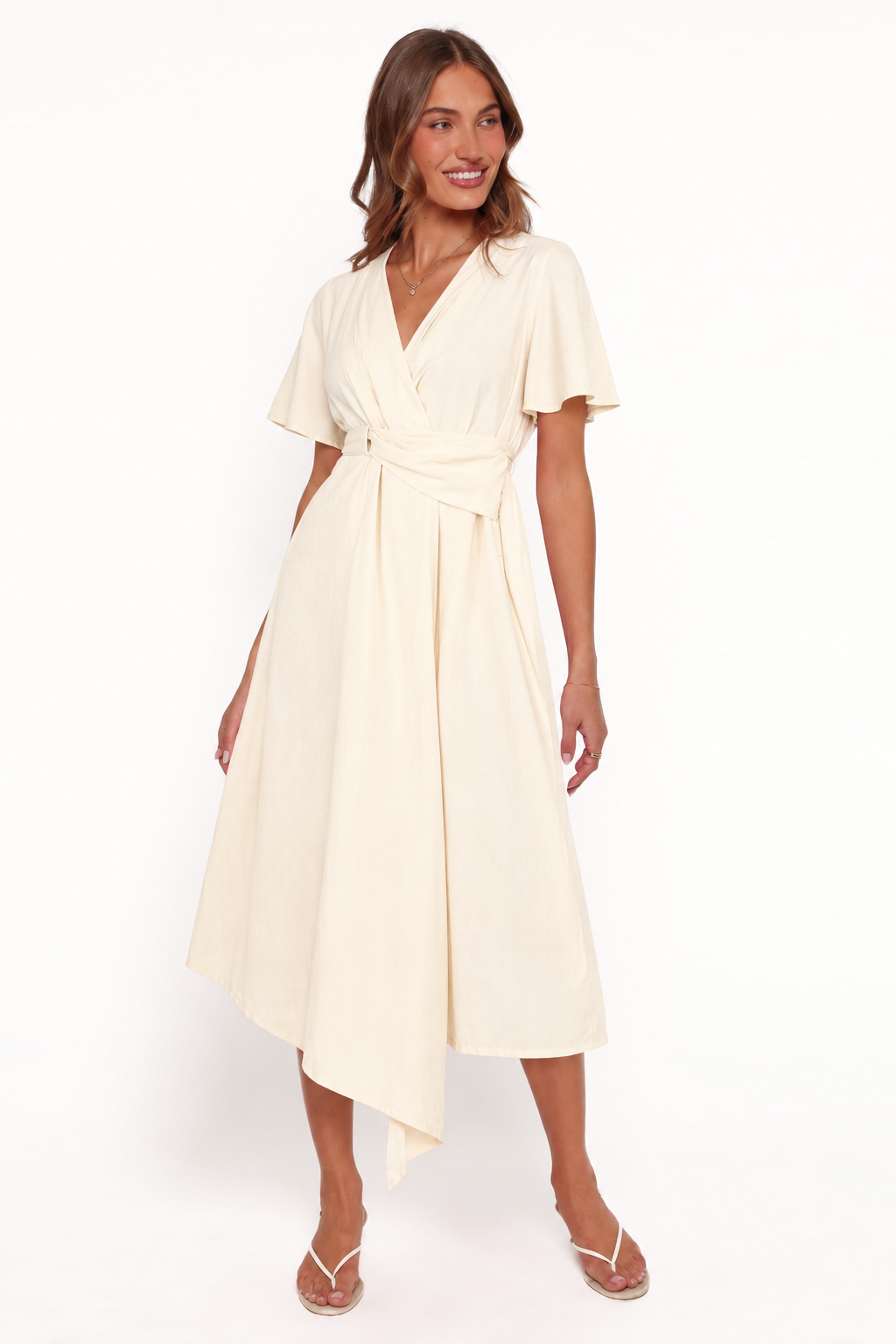 Elegant Wrap Style Midi Dress - Flutter Sleeves