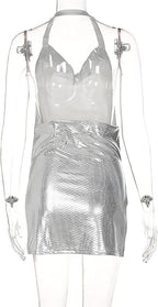 Metallic Halter Neck Backless Dress with Side Slits