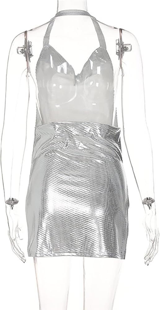 Metallic Halter Neck Backless Dress with Side Slits