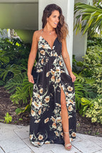 Deep V-Neck Floral Slit Maxi Dress