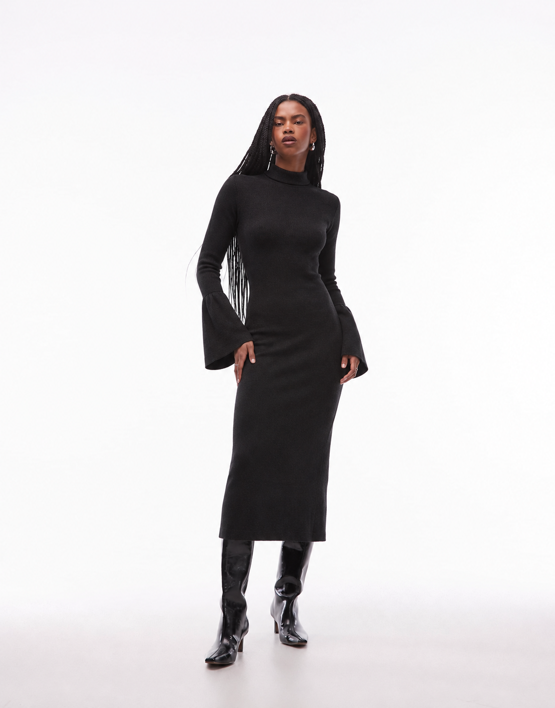 Ribbed Bodycon Dress with Flare Sleeve