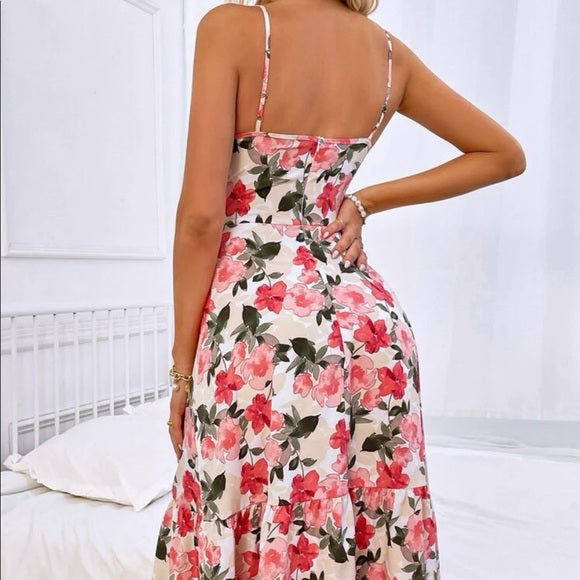 Pink Floral Keyhole Cutout Midi Dress