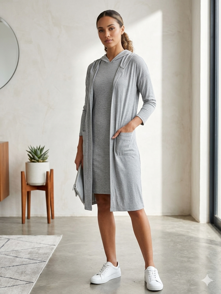 Open Front Drop Shoulder Overlay  Coat with hoodie