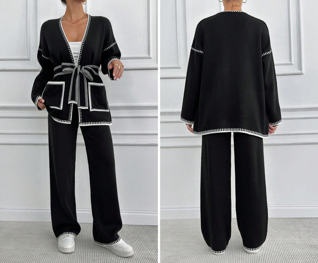 Two-Piece Knit Cardigan & Wide Leg Pants Set