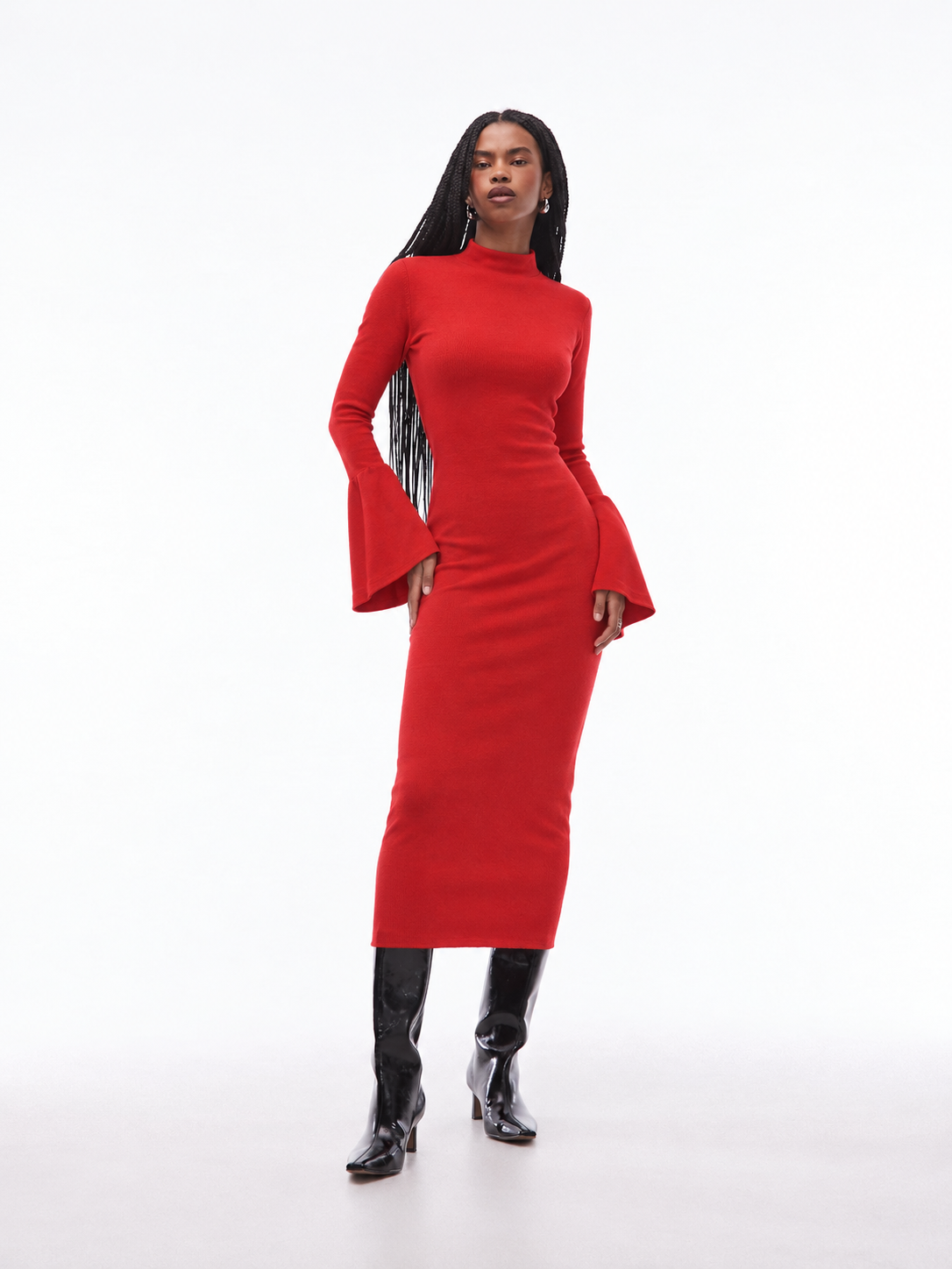 Ribbed Bodycon Dress with Flare Sleeve