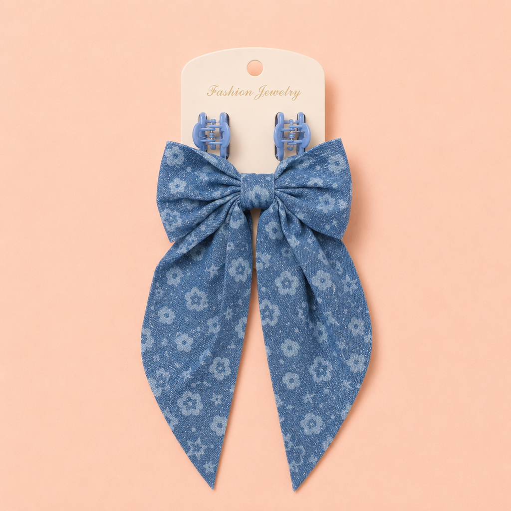 Denim Bow and Hair grip 3pcs Set