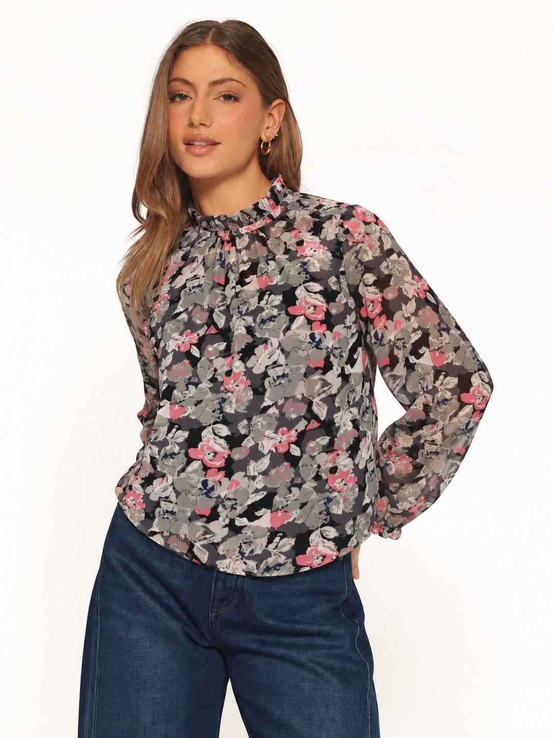 Chiffon Floral Frill Sheer Blouse