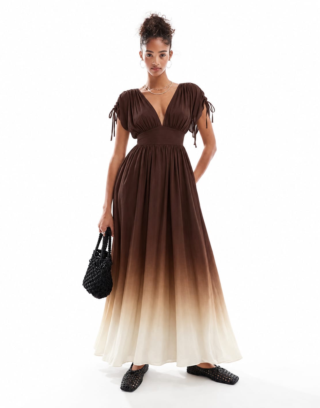 Elegant V Neck Ombre Basque Waist Dress