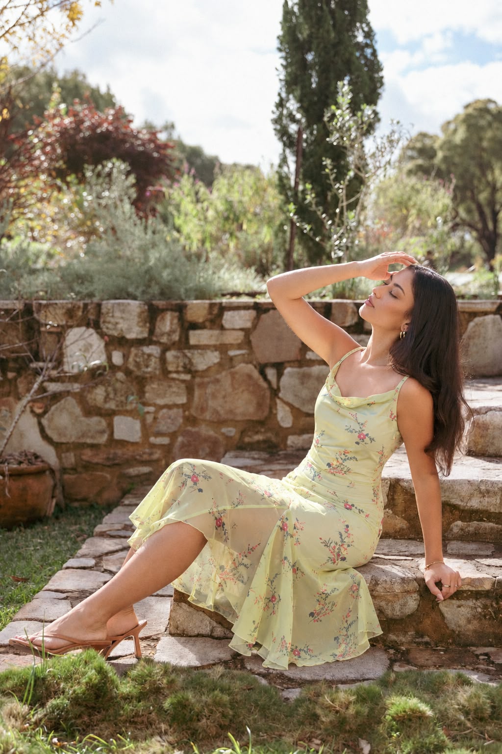 Floral Cowl-Neck Asymmetric Midi Dress