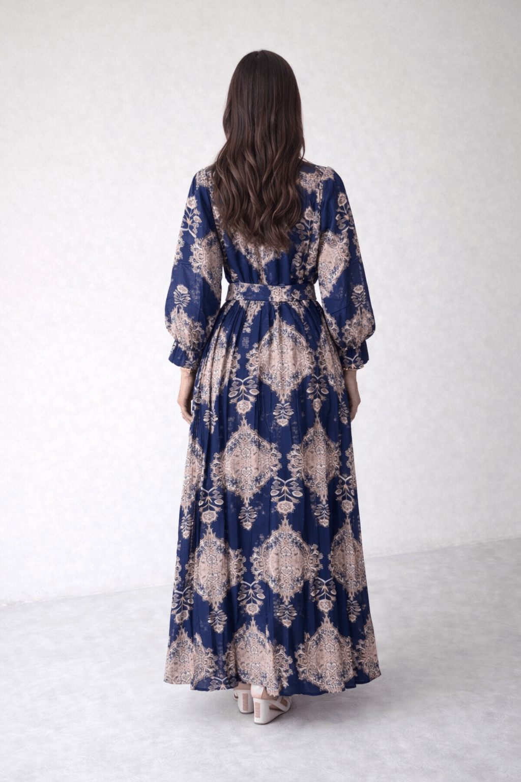 Navy Blue Elegant Patterned Belted Pleated Maxi Dress