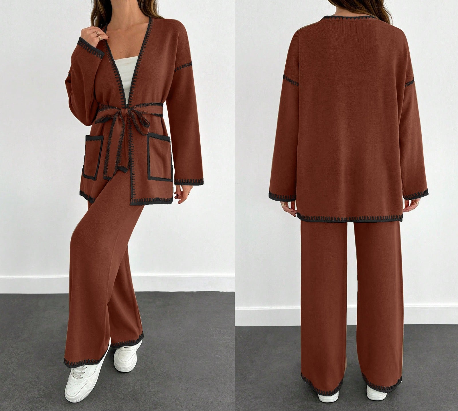 Two-Piece Knit Cardigan & Wide Leg Pants Set
