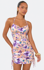Floral Ruched Satin Cami Mini Dress