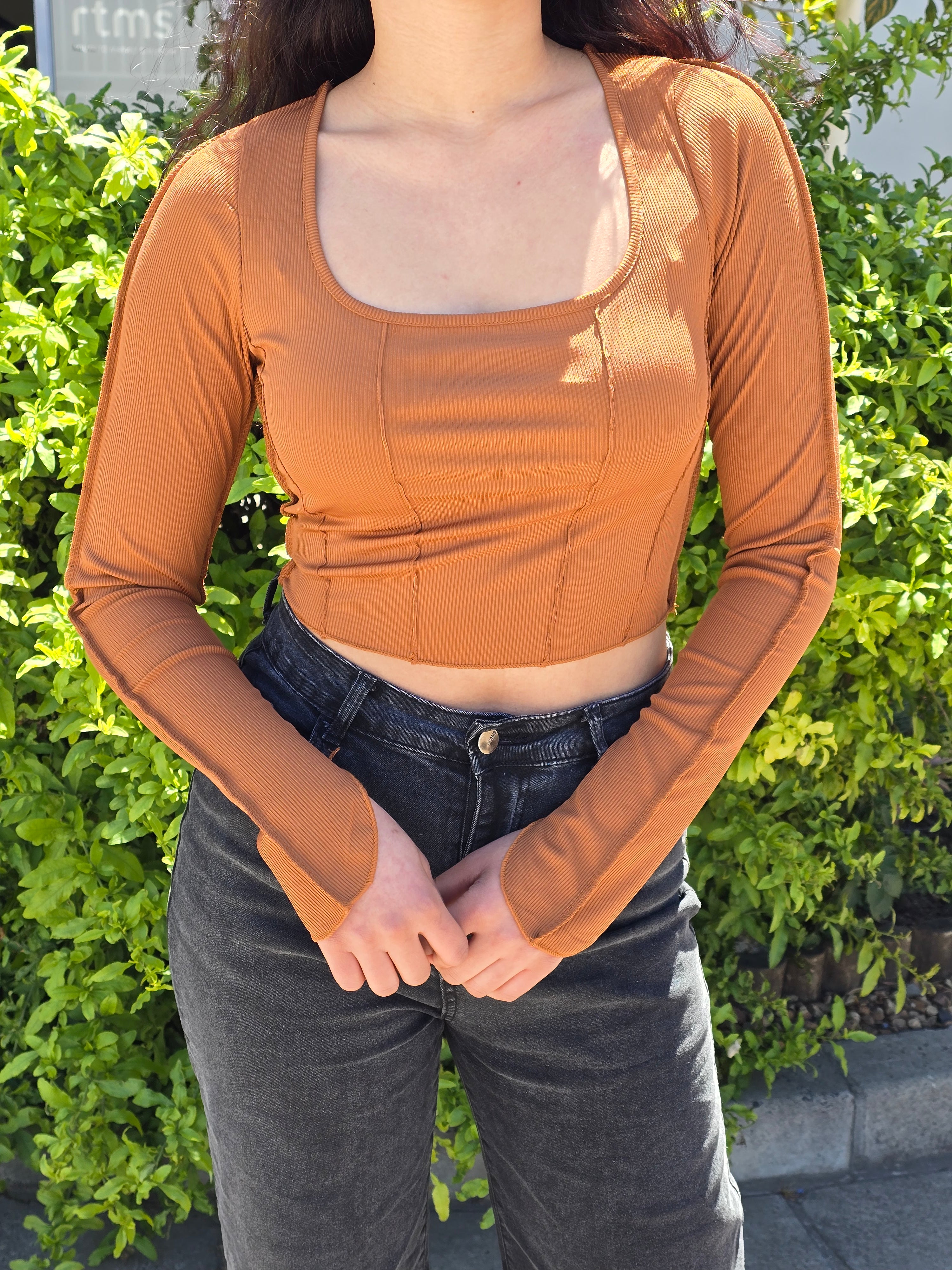 Square Neck Patchwork Long Sleeve Rib Knit Crop Top