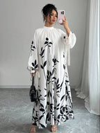 Flowy Long Sleeve Maxi Dress with Leaf Print