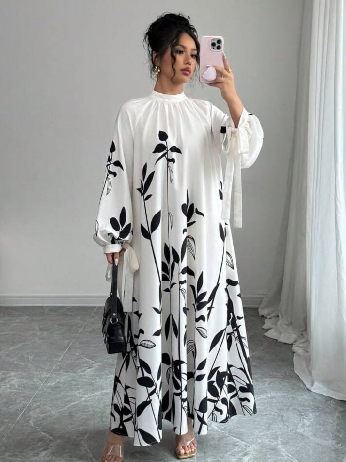 Flowy Long Sleeve Maxi Dress with Leaf Print