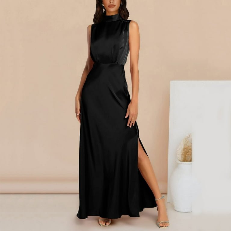 Elegant High-Neck Satin Maxi Dress – Timeless Evening Glam