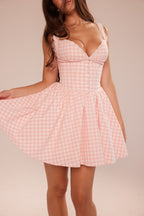 Gingham Lace-Trim Mini Dress – Sweetheart Bust & Flared Skirt