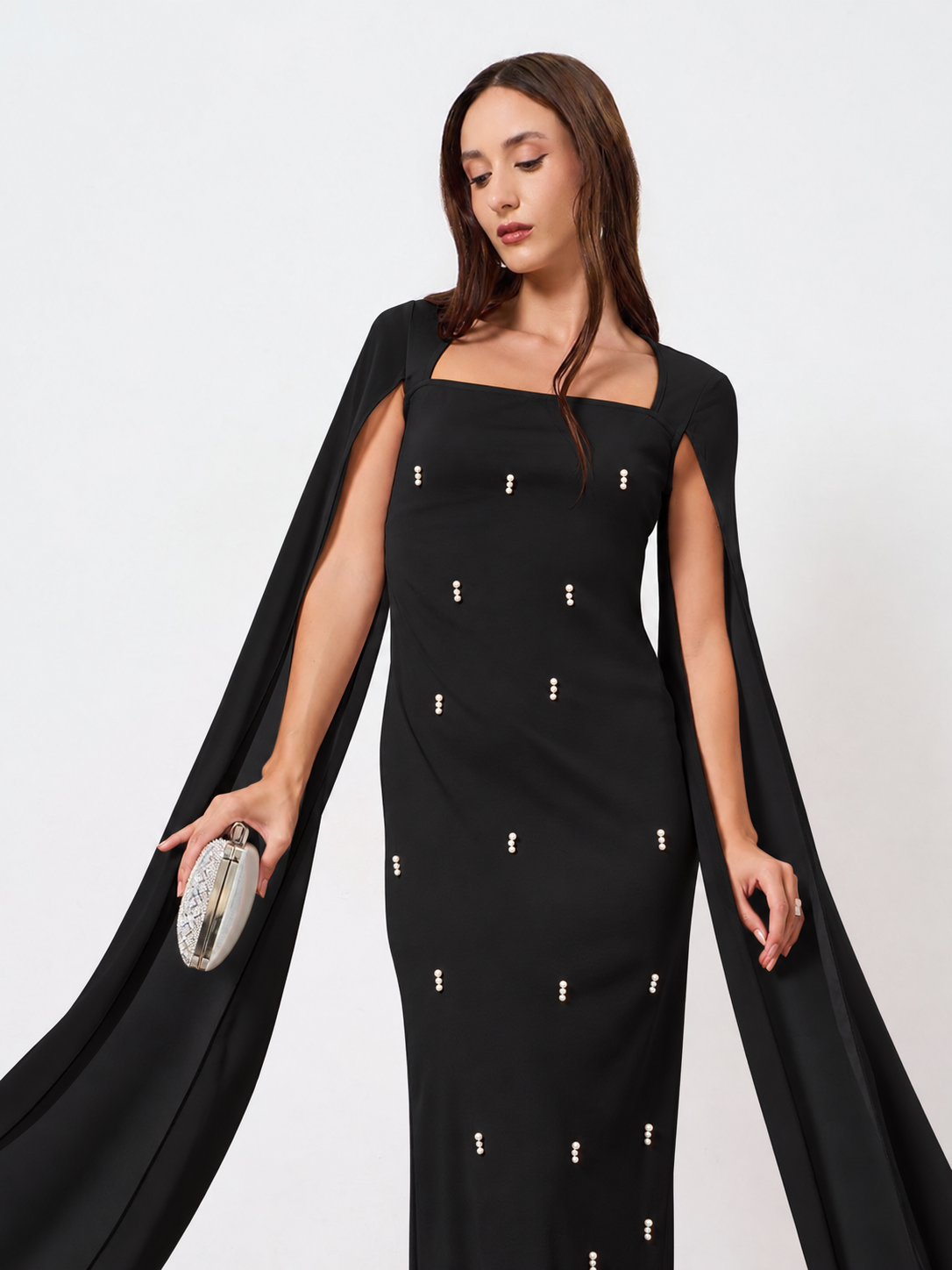 Pearl Embellished Cape-Sleeve Maxi Dress