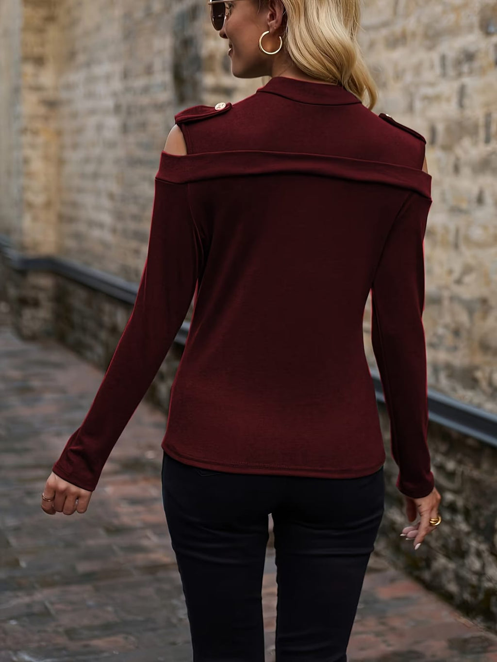 Gold-Button Cold Shoulder Top