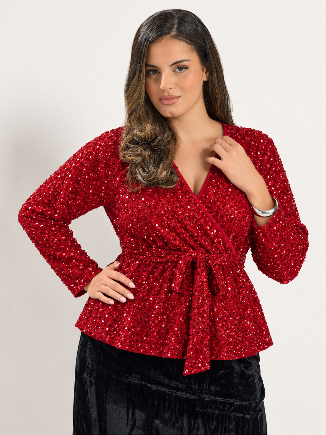 Sequin-Embellished Belted Peplum Blouse