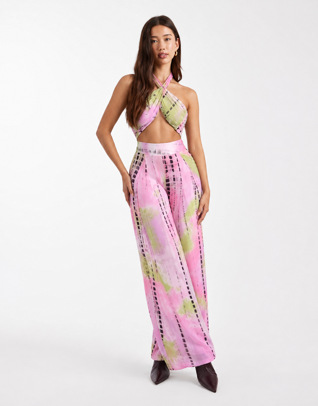 Halter Wrap Top and Wide-Leg Pants Set