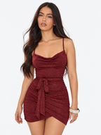 Shiny Belted Sleeveless Hip Bodycon Mini Dress