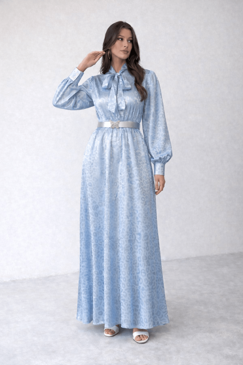 Elegant Satin Tie-Neck Belted Maxi Dress